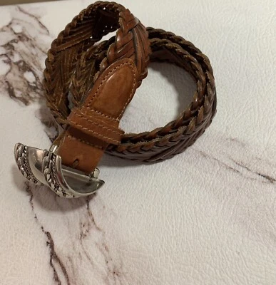 ANN TAYLOR MUJER CINTURÓN PEQUEÑO MARRÓN CUERO GENUINO PLATA HEBILLA Foto 1 de 4