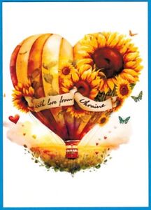 WITH LOVE Ukrainian postcard HEART SHAPED BALLOON Sunflower Butterflies