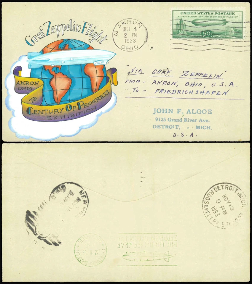 SAVOYSTAMPS - USA Cover - Graf Zeppelin FDC 1933 - C18 - Akron OH Oct 4th, 1933 - Image 1 of 1