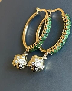 Diamond Emerald Earrings in 9ct Yellow Gold Hoops Daisy Flower Drop Vintage - Picture 1 of 11