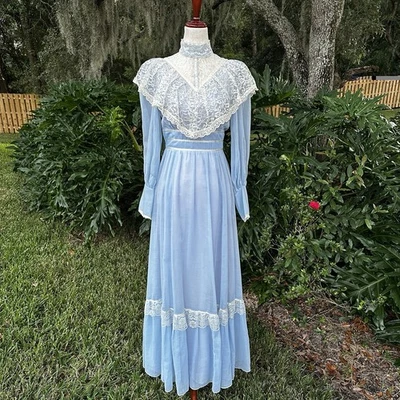 Maxi Azul Encaje Cuello Alto Largo 9 Candi Jones California Vintage Pradera Años 70 Foto 1 de 4