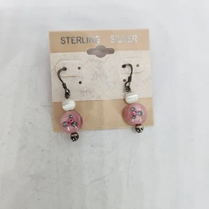 Vintage neu .925 Sterlingsilber Haken Lampwork Glas Blume rosa Ohrhänger - Bild 1 von 5
