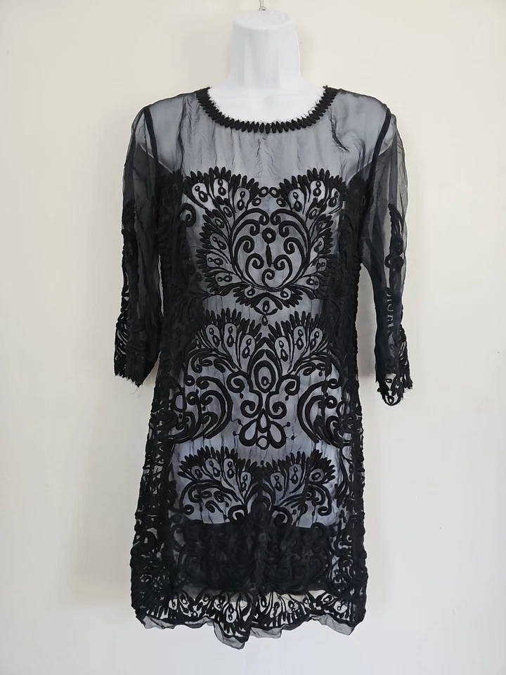 Yoana Baraschi Anthropology Silk Black Embroidered Tulle Shift Dress size 6 - Image 1 of 4