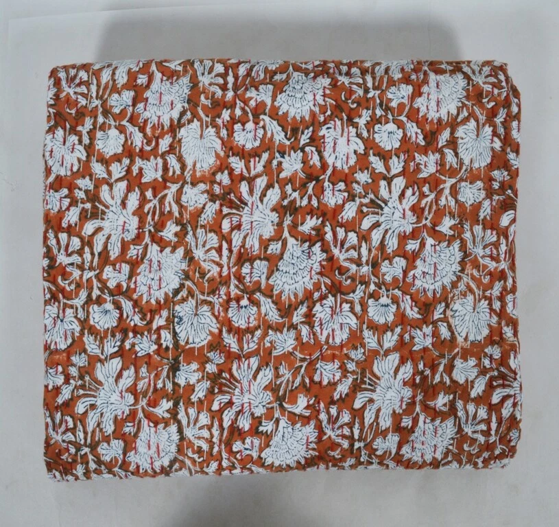 Hand Block Print Queen Cotton Kantha Quilt Blanket Bedspread Indian Gudari art - Image 1 of 4
