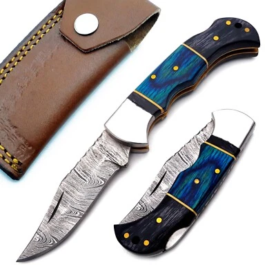 Damascus handmade Back Lock Folding Pocket knife Camping Hunting Knife Pouch - Image 1 of 4
