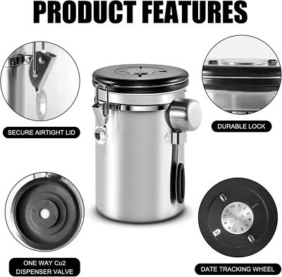 Kaffeedose Luftdicht Edelstahl Behälter für 1kg Kaffeebohnen inkl. Dosierlöffel - Bild 1 von 4