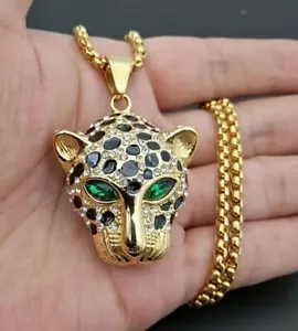 Large Gold Leopard Head Pendant Necklace Green Eyes Faux Crystals Lion Jaguar UK - Picture 1 of 8