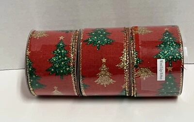 NEW 3 rolls wired edge ribbon 2.5" x 30’ red Christmas trees green gold glitter - Image 1 of 4