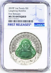 2019 P Tuvalu Laughing Buddha ANTIQUED 1oz Silver $1 COIN NGC MS70 Natural Jade - Picture 1 of 5