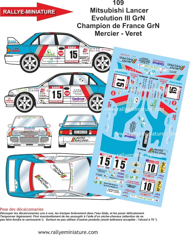 DECALS 1/18 REF 0109 MITSUBISHI LANCER MERCIER RALLYE LIMOUSIN 1997 RALLY - Photo 1/1