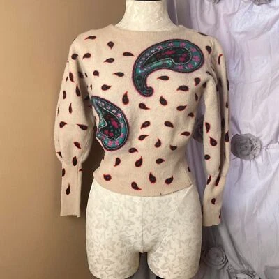 bonnie boerer vintage blue paisley 100% wool cream colored sweater size xs - Imagem 1 de 4