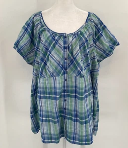 Vintage 90s Faded Glory Top Sz 4X (26/28W) Blue Plaid Babydoll Cabincore Peasant - Picture 1 of 18