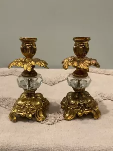 Pair of Vintage Brass colored & Crystal Hollywood Glam Candle Holder Candlestick - Picture 1 of 5