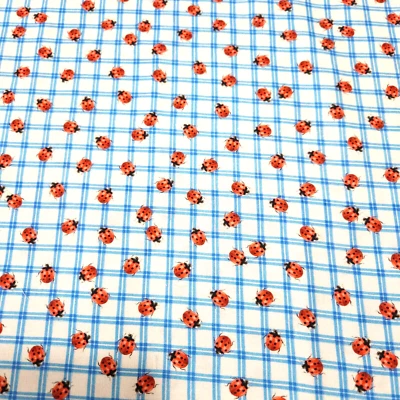 Wildflower Farm BTY Jane Mada Quilting Treasures Ladybugs Blue White Plaid - Image 1 of 3