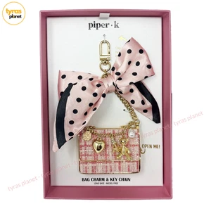 Piper K Bag Charm Key Chain Pink Tweed Purse Bow Gold Tone Cute Fun Accessory - Picture 1 of 9
