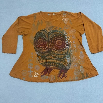Blue Fish Owl Graphic Long Sleeve Tunic Top Brown Made in USA Women's Size 1 - Image 1 of 4