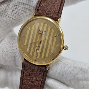 Vintage Polo France Quartz Dress Slim Watch Gold Tone Thin Date Swiss Analog - Picture 1 of 8