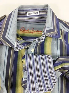 Camisa Robert Graham M Azul Verde Rayas Manga Larga Algodón Puños Abatibles - Imagen 1 de 5