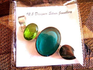 .925 STERLING SILVER MULTI-COLOR NATURAL STONES HANDMADE ALL NEW RARE PENDANT - Picture 1 of 5
