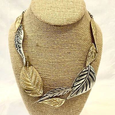 Jessica Simpson Gold And Silver Tone Leaves Necklace Rhinestones Fall Jewelry - Image 1 of 4