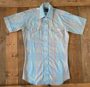 Vintage Panhandle Slim Western Shirt Pearl Snap Plaid BluePeach Mens 14 1/2 FLAW - Picture 1 of 11