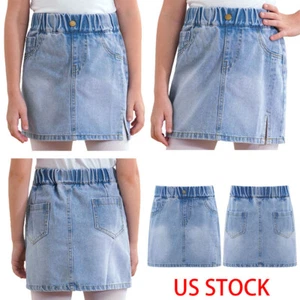 Kids Girls Side Split Denim Skirt Miniskirt Elastic Waistband Daily Costume - Picture 1 of 24