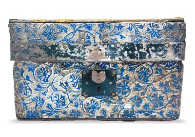 Late 1800's 12" Victorian Embossed Metal Pattern Child's Doll Trunk With Insert - Image 1 of 4