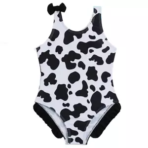 Cow Print One-Piece Swimwear w/ Bow & Ruffle Bathing Swimsuit Wide Straps New - Picture 1 of 4