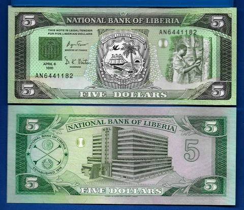 Liberia Five Dollars Year 1991 World Paper Money Currency Uncirculated Banknote Cover