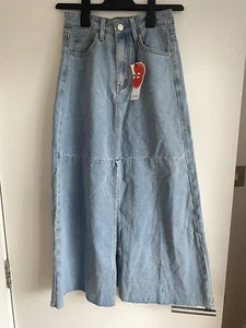CIDER Light Blue Denim Maxi Skirt Front Split Distressed Raw Hem Size XXS BNWT - Picture 1 of 15