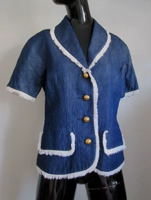 Chaqueta Oscar De La Renta Studio Talla 6 Azul Lino Algodón Blanco Flecos Foto 1 de 4