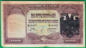 Albanien 100 Franka Ari ND (Aufdruck 1939), P5, kein anderer verkauft@ebay mit lebendiger Farbe! - Bild 1 von 2