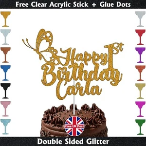 Personalised Butterfly Glitter Cake Topper Any Name Birthday Party Decor UK - Picture 1 of 21