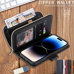 Zip Wallet Case Leather Flip Cover For iPhone 16e 16 15 14 13 12 11 Pro Max XR 8 - Picture 1 of 56