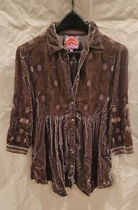 Johnny Was Silk Blend Velvet Button 3/4 Sleeve Blouse Embroidered Grey  Size S 