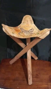 Vintage Hand Crafted Leather Tripod 3-Legged Stool Seat Chair Mexico Aztec Mayan - Picture 1 of 11