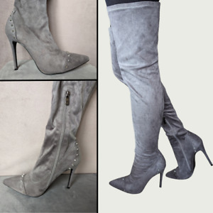 Thigh High Boots Stiletto Heels Over The Knee Suede Grey Womes - New