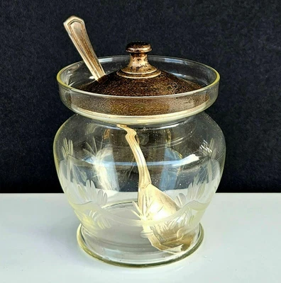 Antique Sterling Silver & Etched Glass Jam Jally Jar & Sterling Spoon - Image 1 of 4