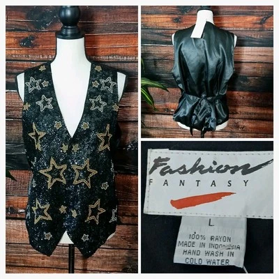 Fashion Fantasy Vest Large Beaded Sequin Stars Rayon Snap Front Vintage NWT - Image 1 of 4