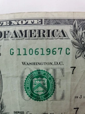 True Birthday Note 11/6/1967 November Fancy Serial Number One Dollar G11061967C - Image 1 of 3