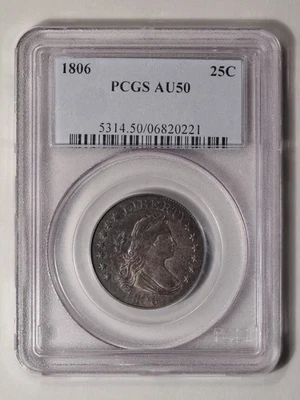 Cuarto busto drapeado 1806 25C graduación profesional AU50 Foto 1 de 4