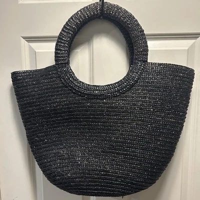 Vintage Laura Ashley Black Straw Lined Women's Shoulder Tote Beach Shopping Bag  - Image 1 of 4