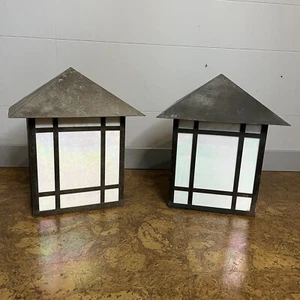 Par De Colección 2 Mission Arts Crafts Blanco Vidrio Iridiscente Porche Luces Exterior - Imagen 1 de 9