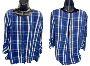 John Mark Top Size L Blue White Plaid Denim Chambray Preppy Coastal Tencel Shirt - Picture 1 of 12