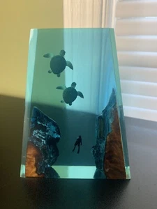 Deep Water Diver Epoxy Resin Paperweight Turtle Wood Underwater Scene Blue EUC - Picture 1 of 8