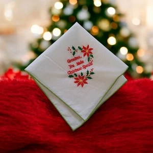 Vintage Grandma Christmas Hankerchief Embroidered Poinsettia 10" Square Holiday - Picture 1 of 6