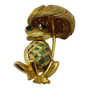 Vintage Direction One Frog with Umbrella Brooch Gold Tone - Picture 1 of 8