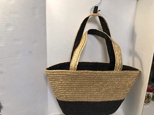 Nieman Marcus Woven Tote Bag Beige And Black Straw Lined - Picture 1 of 6