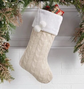 Cable Knit Christmas Stocking embellished with yarn balls Brand New - Picture 1 of 7