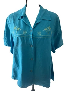 Dress Barn Top Shirt Blouse 20W SILK LINEN Embroidered Tropical Beach Turquoise - Picture 1 of 7